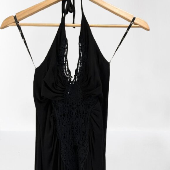 Sky Crochet Plunge Neck Halter Tie Neck Black Maxi Dress Sexy‎ New Small - Picture 3 of 5